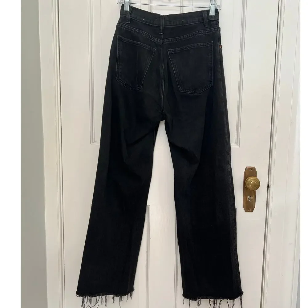 MNG Jeans Wide Leg Black Denim High Waist Led Button Fly 100% Cotton Women's 6